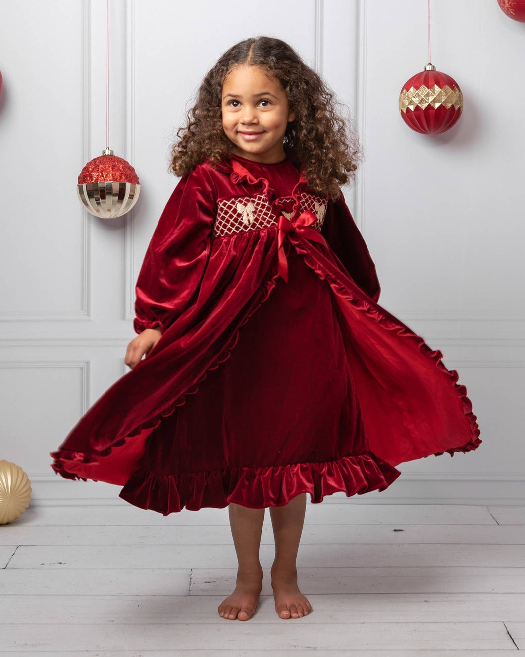 Velour Hand-Smocked Bow Nightwear Set