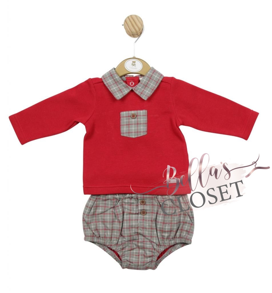 Boys red top & grey plaid bottom